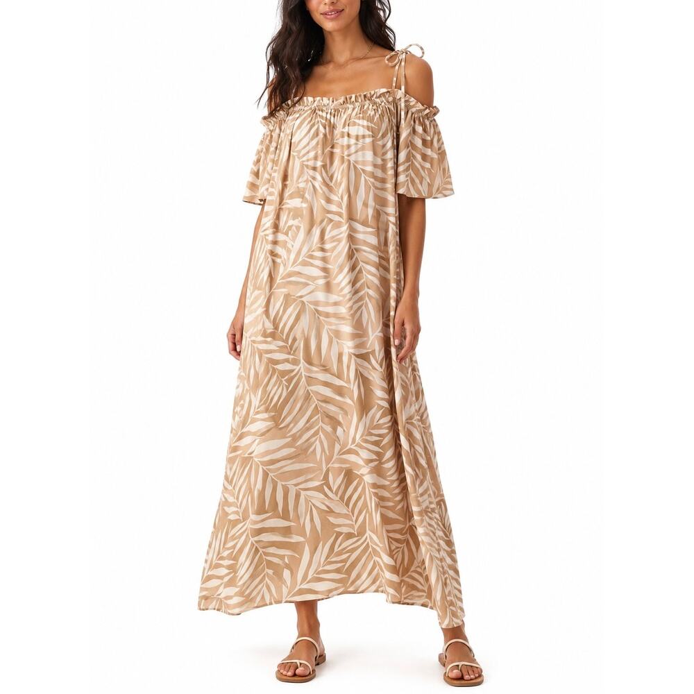 Anthropologie Conditions Apply Palm Leaf Print Off Shoulder Maxi Dress One Size